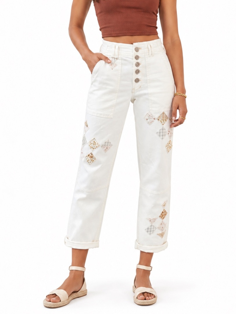 Pilcro Womens Utility Pants The Wanderer 0989 25x28 Cream Patchwork Button Fly